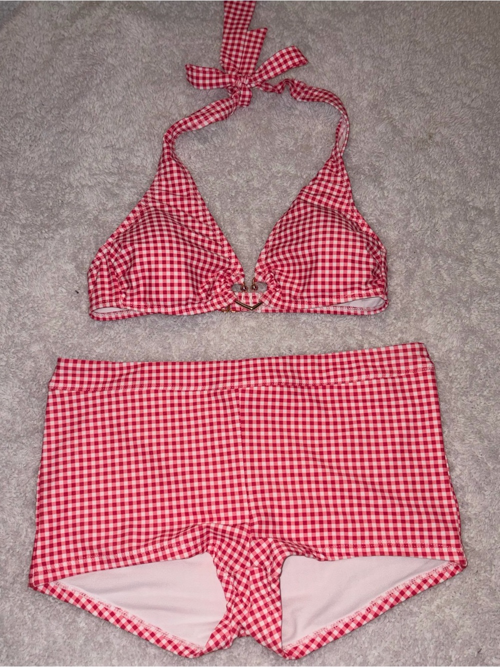 No Boundaries Red Gingham Halter Bikini Top & High-Waist Swim Shorts